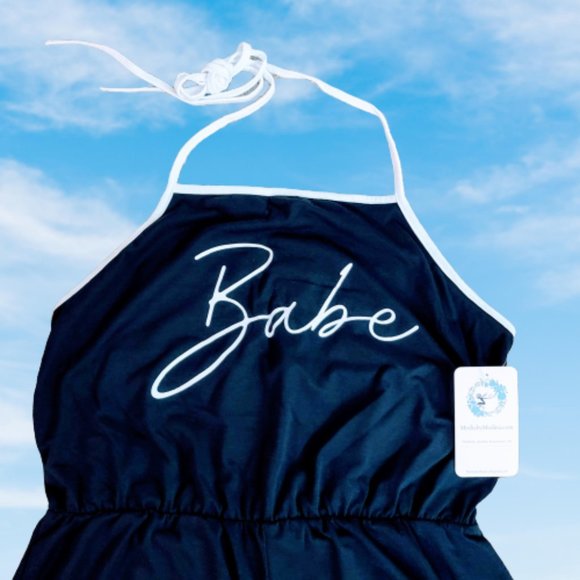 🆕Babe Graphic Halter Tie Romper. Navy Blue & White Trim. Sizes M, L, XL - Picture 3 of 9